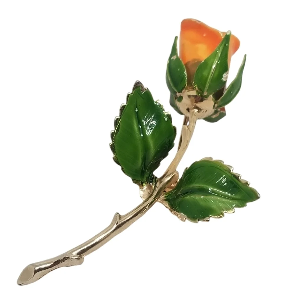 GIOVANNI VINTAGE VIBRANT ORANGE & GREEN ENAMELED GOLDTONE LONG STEM ROSE PIN